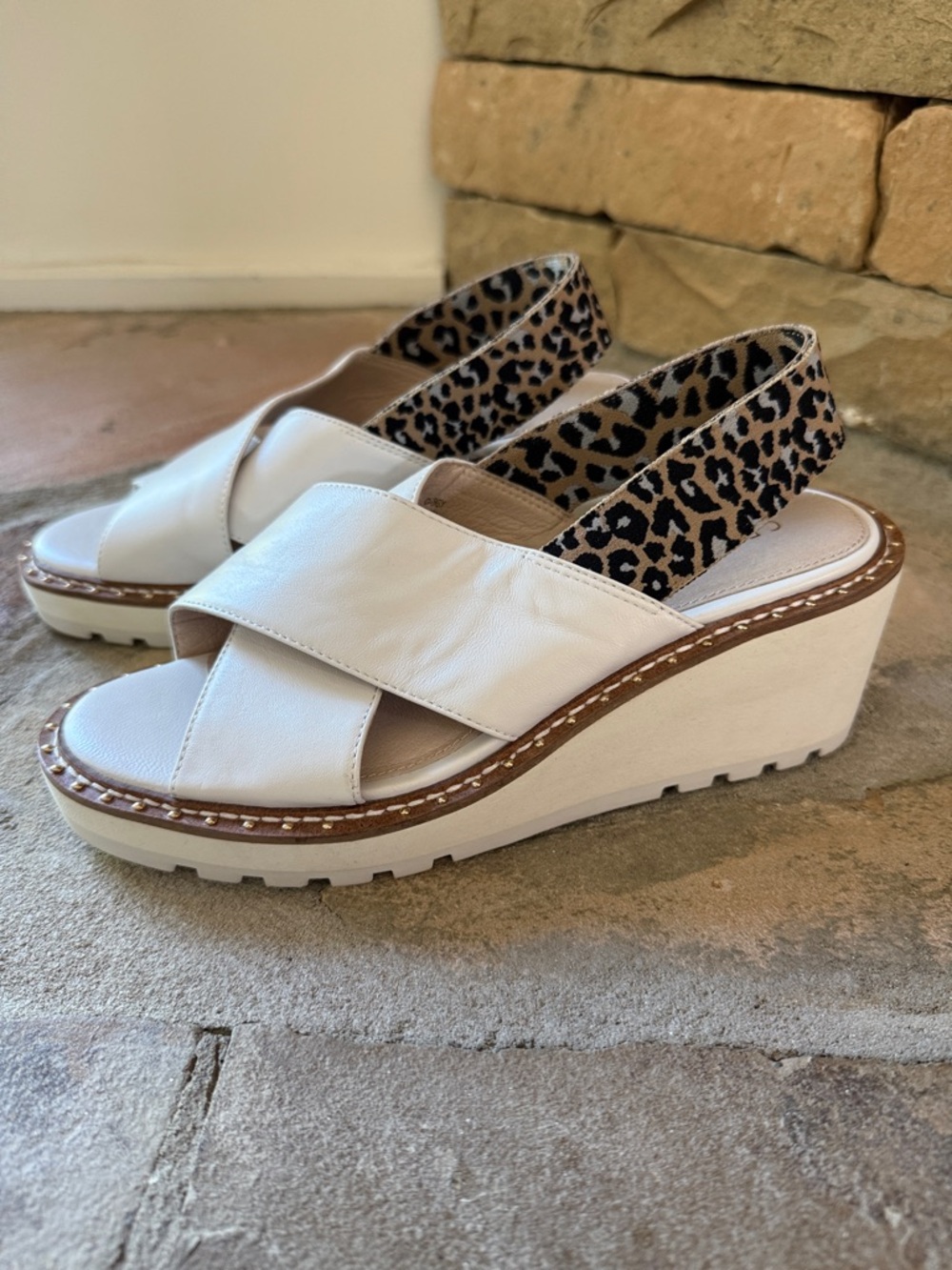 Cecelia NY Gabby Wedge Sandals w/ Leopard Elastic Strap White & Stud Detail